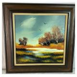 Brass Wheat Stalks with Copper Ribbon and Vintage Impressionist Oil Painting of Fall River Landscape