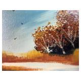 Brass Wheat Stalks with Copper Ribbon and Vintage Impressionist Oil Painting of Fall River Landscape