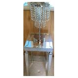 Mirrored End Table with Etched Floral Design and Chrome Table Lamp with Cascading Teardrops