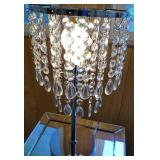 Mirrored End Table with Etched Floral Design and Chrome Table Lamp with Cascading Teardrops