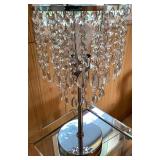 Mirrored End Table with Etched Floral Design and Chrome Table Lamp with Cascading Teardrops