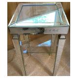 Mirrored End Table with Etched Floral Design and Chrome Table Lamp with Cascading Teardrops