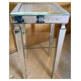 Mirrored End Table with Etched Floral Design and Chrome Table Lamp with Cascading Teardrops