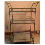 Gold Metal 3 Tier Bar Cart with Vintage Amber Glass Musical Decanter