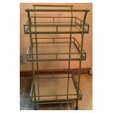 Gold Metal 3 Tier Bar Cart with Vintage Amber Glass Musical Decanter