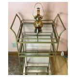 Gold Metal 3 Tier Bar Cart with Vintage Amber Glass Musical Decanter
