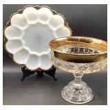 Vintage Kings Crown Thumbprint Compote and Vintage Milk Glass Deviled Egg Plate with Gold Trim