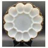 Vintage Kings Crown Thumbprint Compote and Vintage Milk Glass Deviled Egg Plate with Gold Trim
