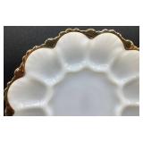 Vintage Kings Crown Thumbprint Compote and Vintage Milk Glass Deviled Egg Plate with Gold Trim