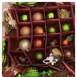Large Ornament Collection in Greens, Golds, Rust and Creams in Ornament Keeper Tote