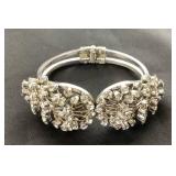 Vintage Juliana Style Rhinestone Silver Tone Clamper Bracelet, Rhinestone Brooch and Vintage Drop Earrings with Etched Glass Mirrored Jewelry Box
