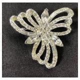 Vintage Juliana Style Rhinestone Silver Tone Clamper Bracelet, Rhinestone Brooch and Vintage Drop Earrings with Etched Glass Mirrored Jewelry Box