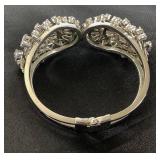 Vintage Juliana Style Rhinestone Silver Tone Clamper Bracelet, Rhinestone Brooch and Vintage Drop Earrings with Etched Glass Mirrored Jewelry Box
