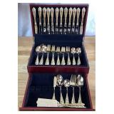 Wallace Silver Antique Baroque (Gold Electroplate) Flatware Set in Original Wood Box