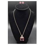Sterling Silver Necklace and Earrings Set with Pink Lab Created Sapphire Pendant