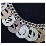 One of a Kind Sterling Silver Bracelet with Bus Fare Tokens from Around the US