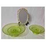 Vintage Lime Green Depression Glass Pedestal Dishes and Vintage Jeweled Vanity Tray