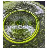 Vintage Lime Green Depression Glass Pedestal Dishes and Vintage Jeweled Vanity Tray