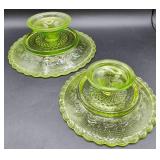 Vintage Lime Green Depression Glass Pedestal Dishes and Vintage Jeweled Vanity Tray