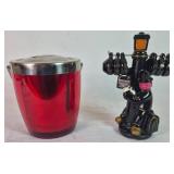 Vintage Ruby Red Casamada Ice Bucket and Enesco "Never on Sunday" Whiskey Decanter