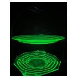 Vintage Uranium Glass Plates - Jenkins Glass Ocean Wave and Anchor Hocking Cameo Cake Plate