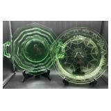 Vintage Uranium Glass Plates - Jenkins Glass Ocean Wave and Anchor Hocking Cameo Cake Plate