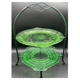 Vintage Uranium Glass Plates - Jenkins Glass Ocean Wave and Anchor Hocking Cameo Cake Plate