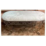 Oval Upholstered Bench with Metal Legs and Lower Shelf