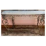 Oval Upholstered Bench with Metal Legs and Lower Shelf