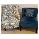 Two Accent Chairs -Blue Floral Print and Solid Blue/Teal Armless Chair with Pillow