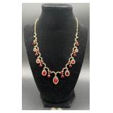 Vintage 16" Gold Tone Necklace with Red Teardrop Accents and Matching Earrings