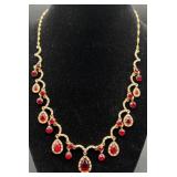 Vintage 16" Gold Tone Necklace with Red Teardrop Accents and Matching Earrings