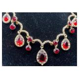 Vintage 16" Gold Tone Necklace with Red Teardrop Accents and Matching Earrings