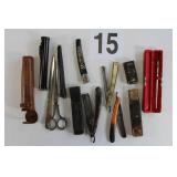 Lot Of Vintage Straight Razors, Scissor, And Looking Glass