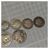 Lot of 5 Silver Roosevelts, 2 Buffalo Nickels