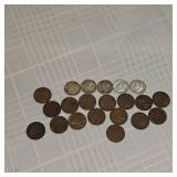Lot of 5 Silver Dimes 10c, Wheatback Pennies