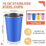Zhehao 12 Pack Colored Stainless Steel Cups 16 oz Colorful Pint Cups Unbreakable Stackable Metal Drinking Water Tumblers for Adults Bar Home Restaurant Iced Coffee Camping Travel and Outdoor Parties