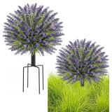 2 Pack Artificial Lavender Topiary Ball Trees with Four Prong Ground Spike, 23" Faux Lavender Plants UV Resistant Shrubs Fake Brushes with Grass for Front Porch Garden Patio Decor