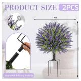 2 Pack Artificial Lavender Topiary Ball Trees with Four Prong Ground Spike, 23" Faux Lavender Plants UV Resistant Shrubs Fake Brushes with Grass for Front Porch Garden Patio Decor