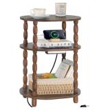 MaxSmeo Side Table with Charging Station, 3-Tier Small End Table with USB Ports and Outlets, Modern Oval Night Stand Accent Table for Living Room, Bedroom, Rustic Brown