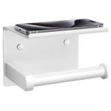 Tindbea Toilet Paper Holder with Phone Shelf, Adhesive or Screw Wall Mount Toilet Tissue Roll Holder, Rustproof & Multifunctional Stainless Steel Bathroom Storage Dispenser (White)