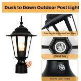15"H Dusk to Dawn Outdoor Post Light, Modern Black Outdoor Lamp Post Light Fixture, Lamp Posts Exterior Lighting Pole Lantern for Outside Porch Garage Street, Waterproof Aluminum & Glass, 1 Pack, E26