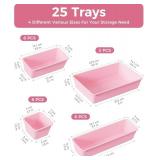 BiuLeon 25 PCS Plastic Drawer Organizers Set, 4-Sizes Vanity and Makeup Organizer, Desk and bathroom Drawer Organizer Trays, Organizers and Storage for Makeup, Jewelry, Gadgets, Utensils (Pink)