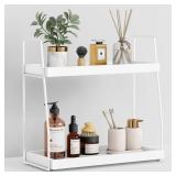 Forbena White 2 Tier Bathroom Organizer Countertop, Small Counter Top Organizer for Bathroom Decor, Modern Kitchen Counter Shelf for Snack, Vanity Makeup Organizers and Storage Tray for Bedroom