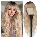 Ombre Blonde Wig with Bangs Long Wavy Wig Platinum Blonde Wigs for Women 26 Inch Blonde Highlight Wig with Dark Roots Natural Synthetic Wigs Curly Hair Replacement Wig for Daily Party Cosplay Use
