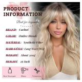 Ombre Blonde Wig with Bangs Long Wavy Wig Platinum Blonde Wigs for Women 26 Inch Blonde Highlight Wig with Dark Roots Natural Synthetic Wigs Curly Hair Replacement Wig for Daily Party Cosplay Use