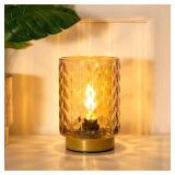 LUSHARBOR Battery Operated Lamp with Timer, Small Decorative Table Lamp Ambient, Glass Cordless Lamps Bedside Battery Powered Lamp for Bookshelf, Entryway Wave Design-Amber