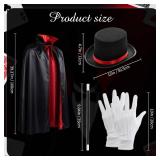 4 Pcs Red Black Magician Set Wizard Ribbon Hat Cape Gloves Wand Unisex Gothic Costume for Halloween Cosplay Stage