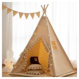 RONGFA Teepee for Kids Tent Indoor with Floor Mat,Carry Bag,Banner,Play Cottage with Star Light, Cotton Canvas Kids Teepee Tent for Girls & Boys, Pompom Ball Design, Foldable Teepee Tent