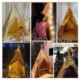 RONGFA Teepee for Kids Tent Indoor with Floor Mat,Carry Bag,Banner,Play Cottage with Star Light, Cotton Canvas Kids Teepee Tent for Girls & Boys, Pompom Ball Design, Foldable Teepee Tent
